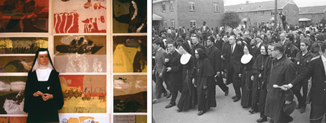 Immaculate Heart of Mary Sister Corita Kent (photo at left), influential pop artist of the 1960s and 70s, in front of her work in the art room of Immaculate Heart College in Los Angeles. Catholic sisters (photo at right) participating in the 1965 Selma, Alabama civil rights march.